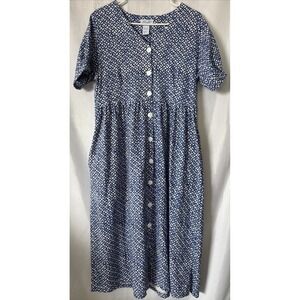 Vtg Leisure Life Geo Lattice Block Blue & White Midi Dress Women's M Maternity?